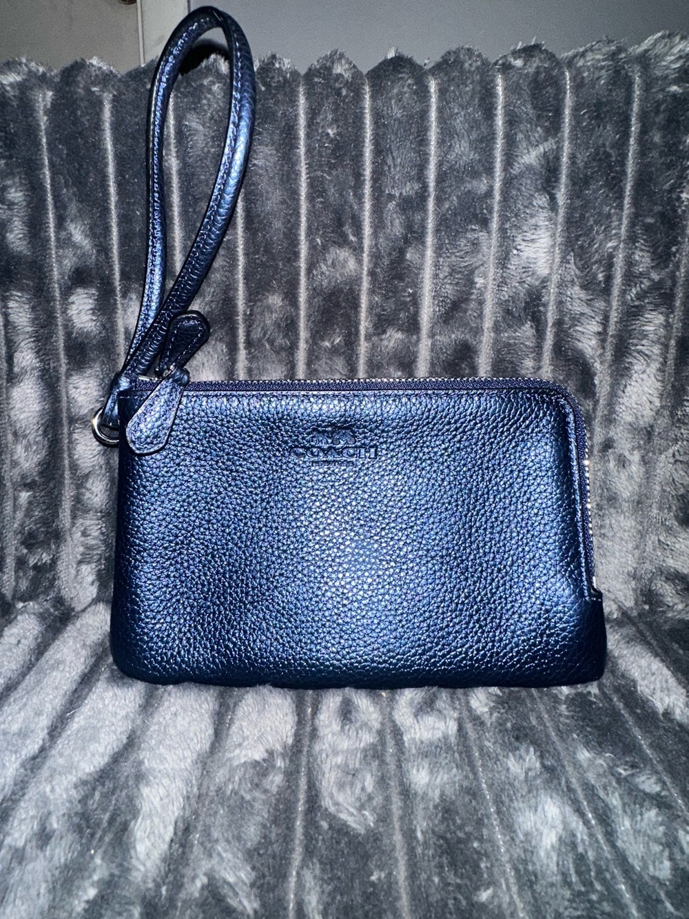 Coach Metallic Navy Blue Leather Wristlet Wallet